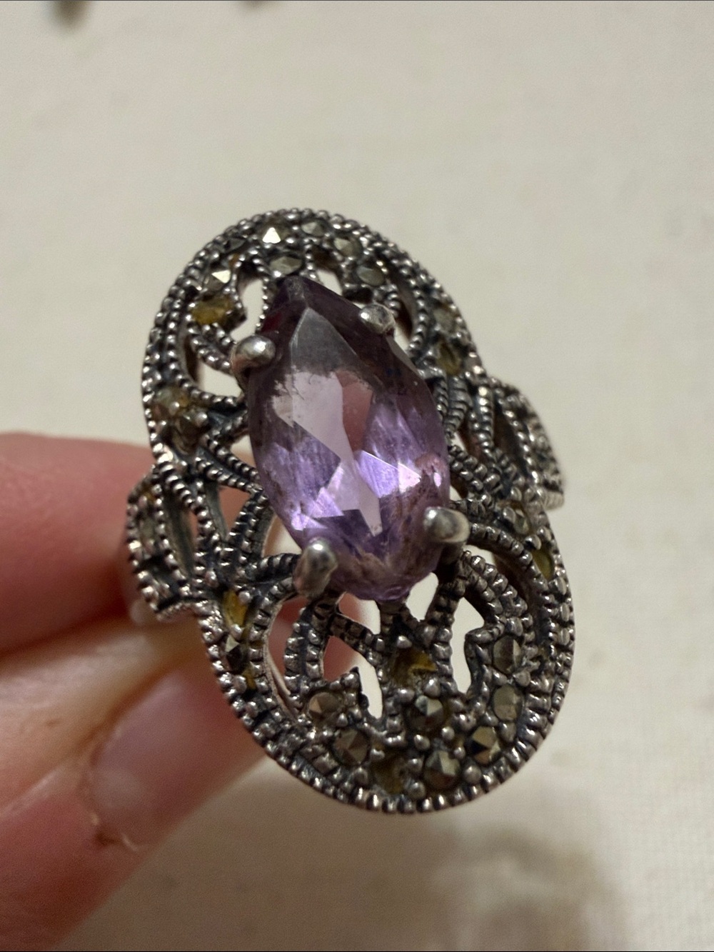 Vintage Style Sterling Silver 925 size 7.75 Marcasite with Purple Marquise stone